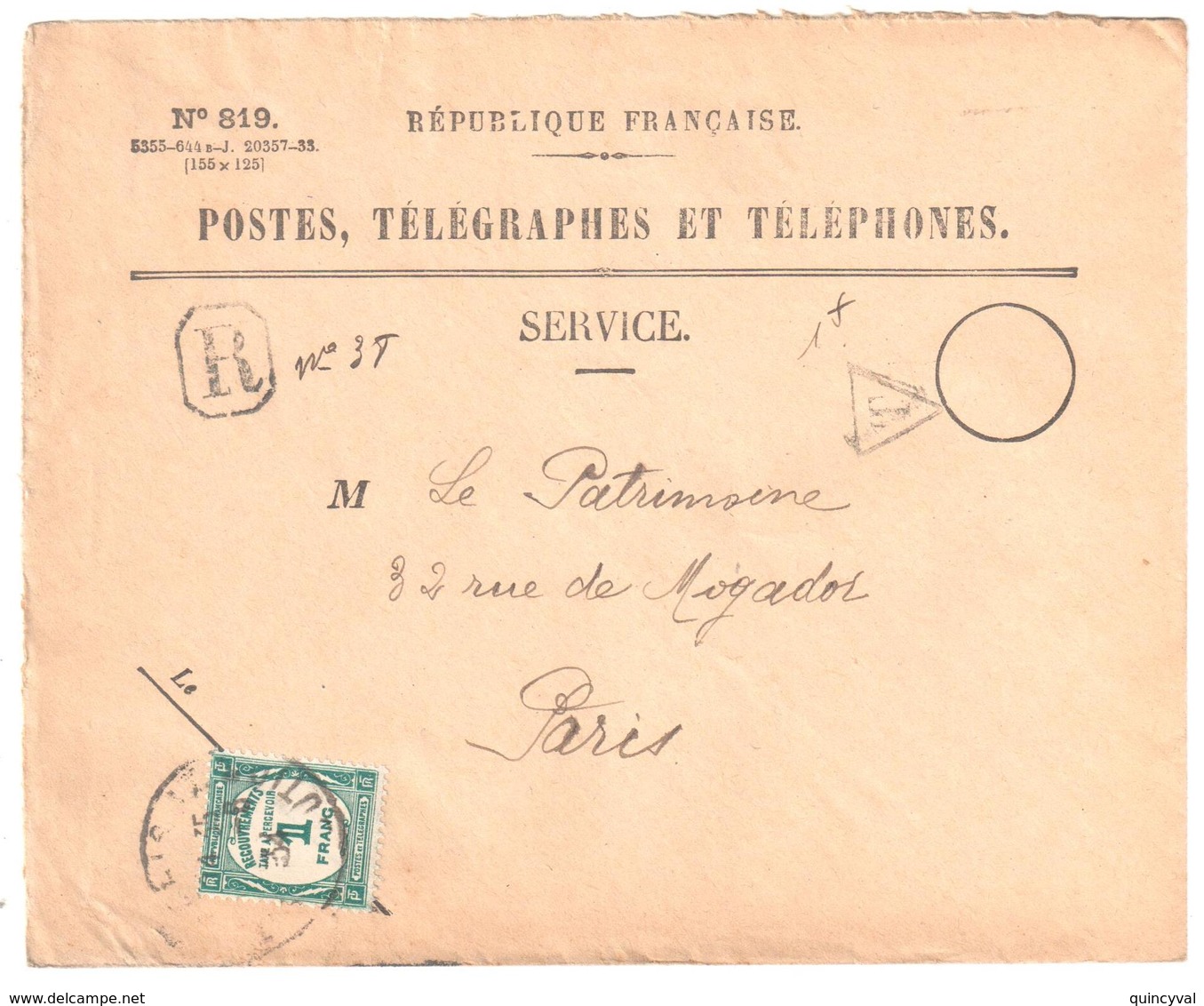 Enveloppe Entière 819 Griffe R Encadré Triangle Taxe Yv 60 - 1859-1959 Covers & Documents