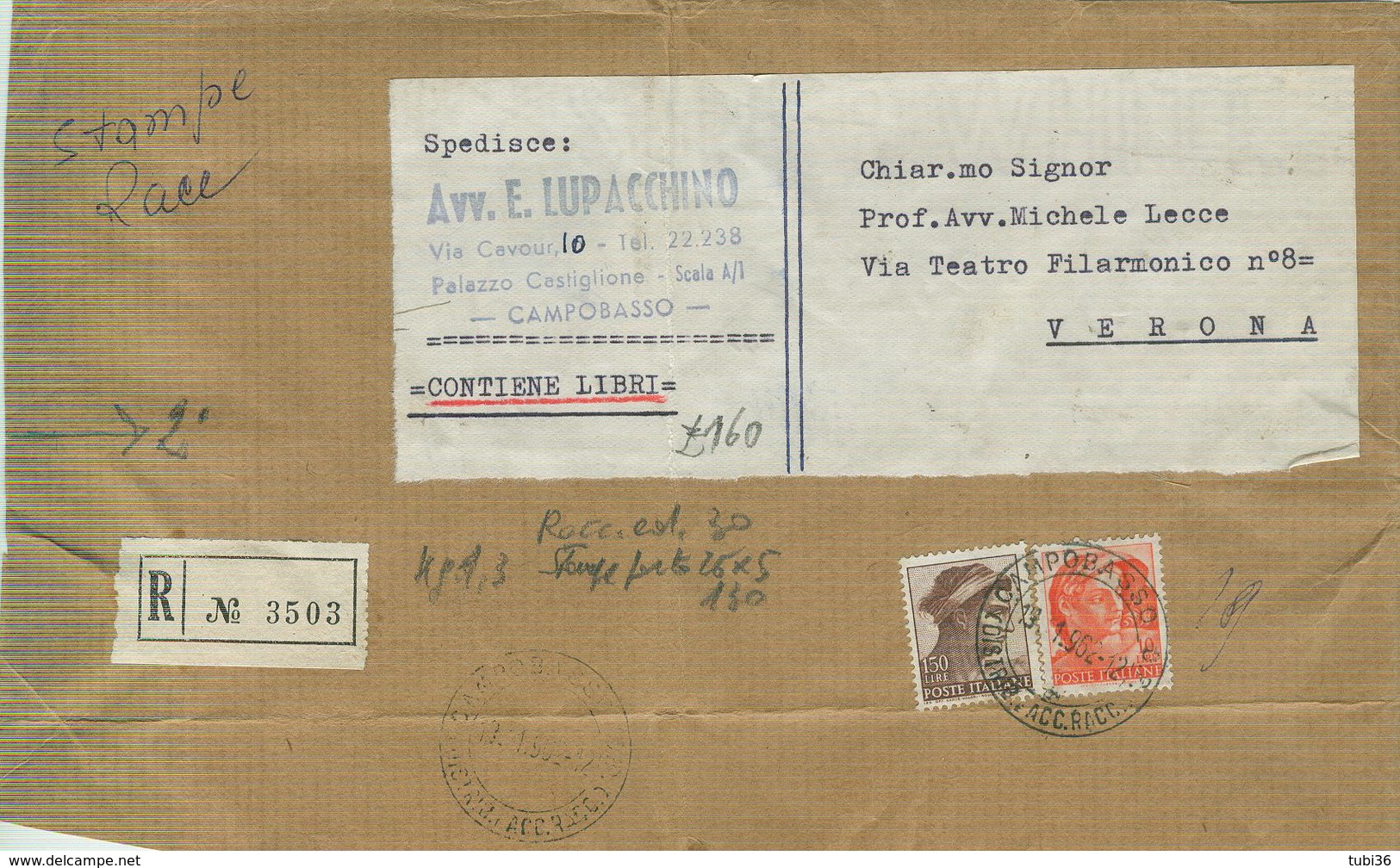 SIRACUSANA £.20X3+10 MICHELANGIOLESCA, TARIFFA RIDOTTA EDITORI,RACCOMANDATA,1962,POSTE ROMA,RIUSO DELLA CARTA,POSTE CAMP - 1961-70: Storia Postale