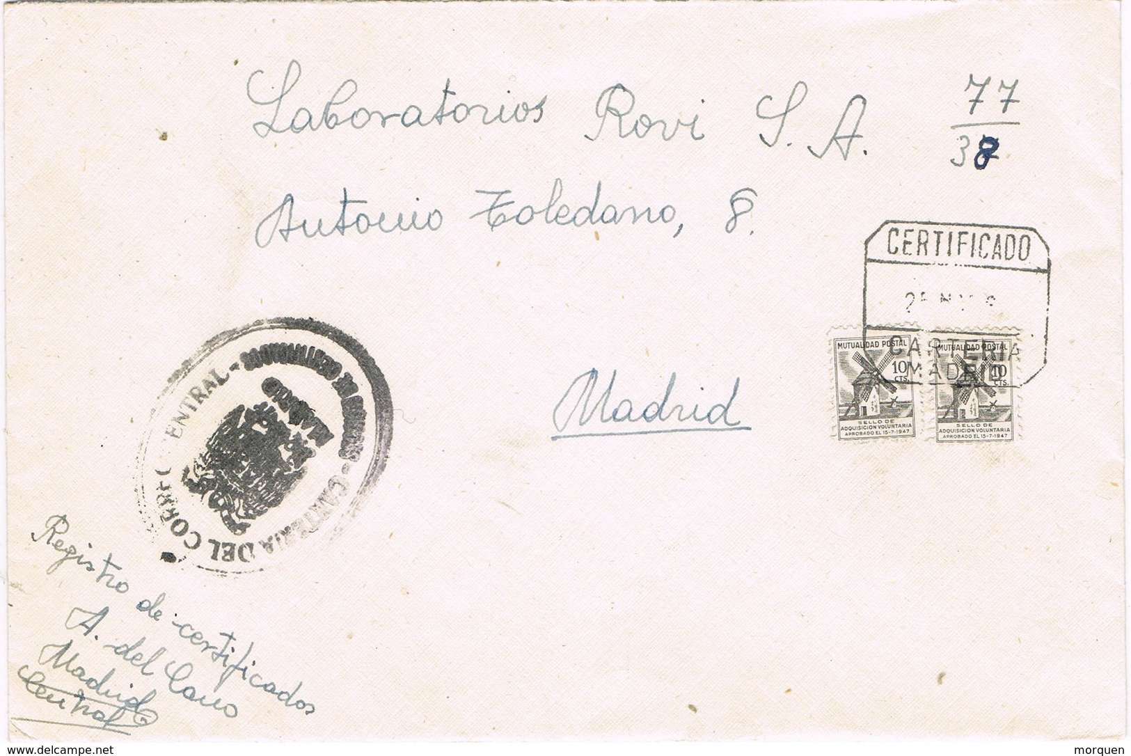 31232. Carta Certificada MADRID 1969. Mutualidad Postal, Franquicia Cartero. CARTERIA - Lettres & Documents