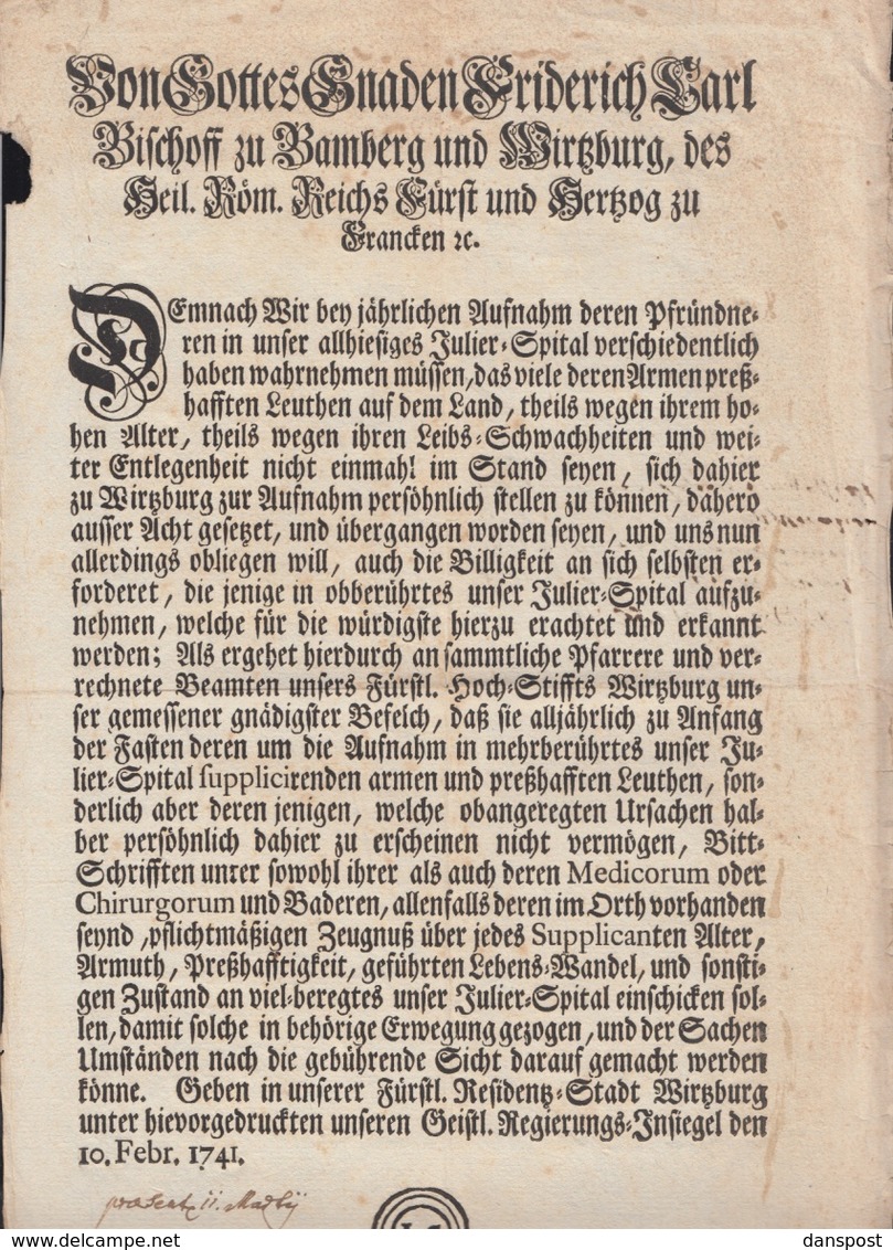 Bayern Friedrich Karl Bischoff Zu Bamberg Und Würzburg Brief Betr. Julier-Spital Aufnahme 1741 - Documents Historiques