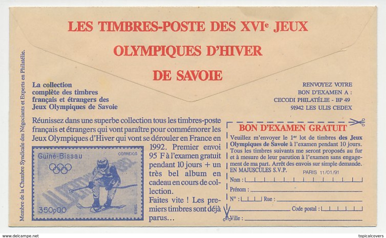 Postal Cheque Cover France 1991 Stamp - Skiing - Winter Olympic Games - Andere & Zonder Classificatie