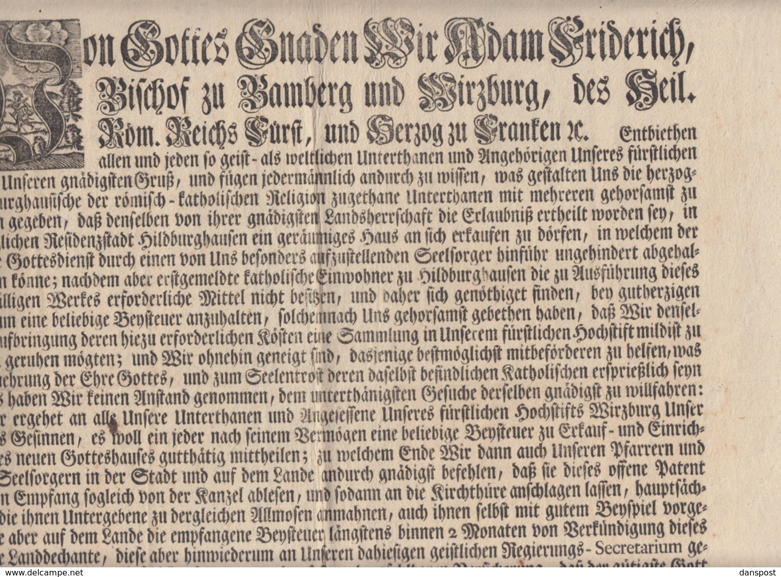 Bayern Adam Friedrich Bischof Zu Bamberg Und Würzburg Brief Beisteuer Gotteshaus In Hildburghausen 1774 - Historische Dokumente