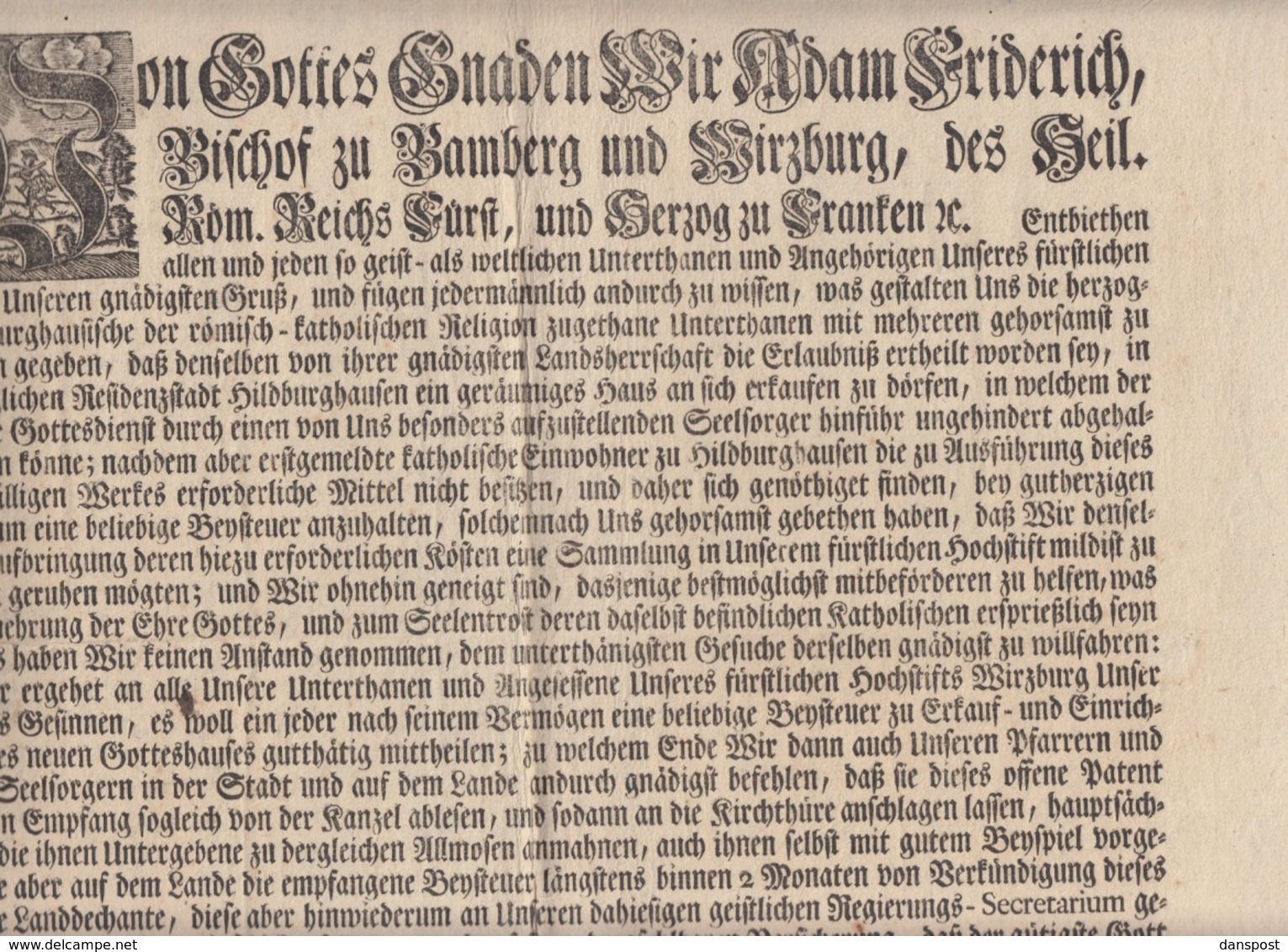 Bayern Adam Friedrich Bischof Zu Bamberg Und Würzburg Brief Beisteuer Gotteshaus In Hildburghausen 1774 - Historical Documents