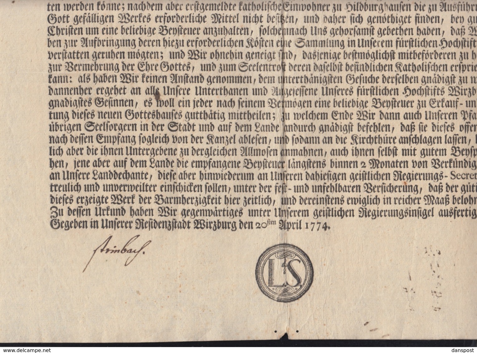 Bayern Adam Friedrich Bischof Zu Bamberg Und Würzburg Brief Beisteuer Gotteshaus In Hildburghausen 1774 - Historische Dokumente