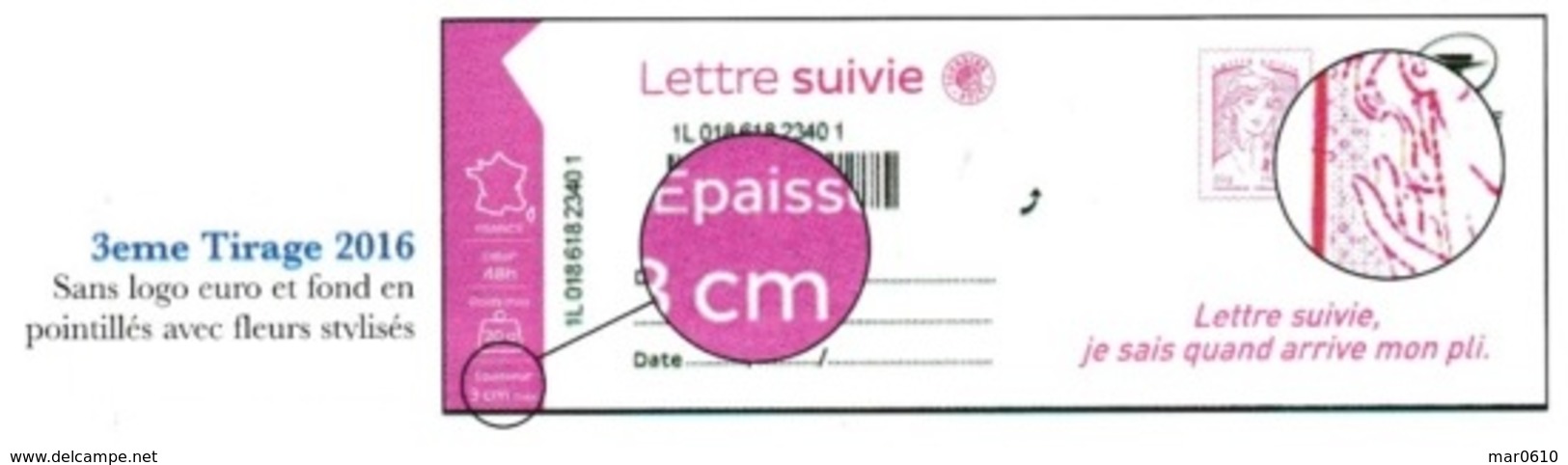 2016 - Feuillet Lettre Suivie 20 Gr Adhésif Y&T 1217B - 3ème Tirage - 2013-2018 Marianne De Ciappa-Kawena