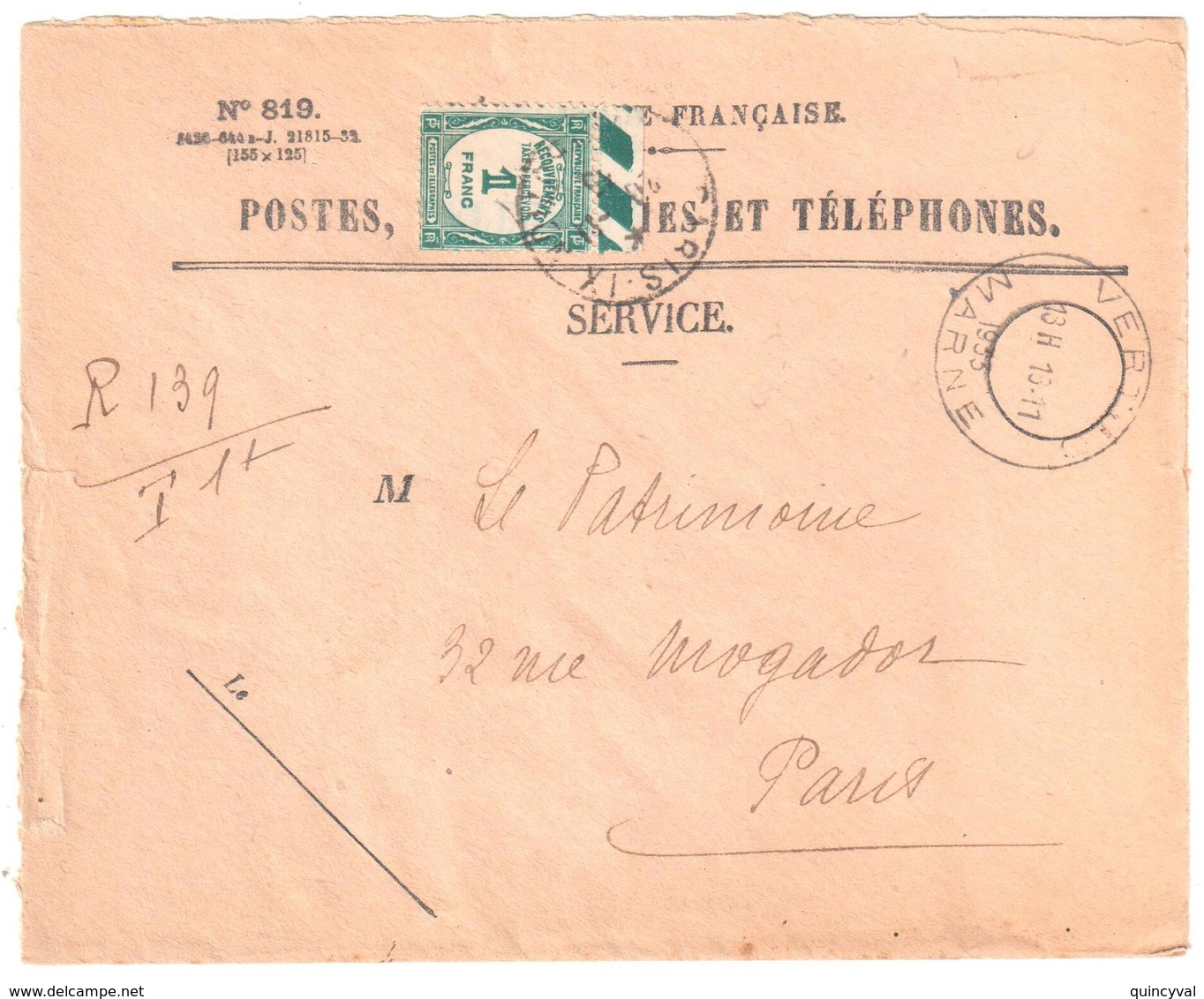 VERTUS Marne Ob Horoplan Type Pneumatique  1933 Enveloppe Entière 819 Taxe Yv 60 - 1859-1959 Covers & Documents