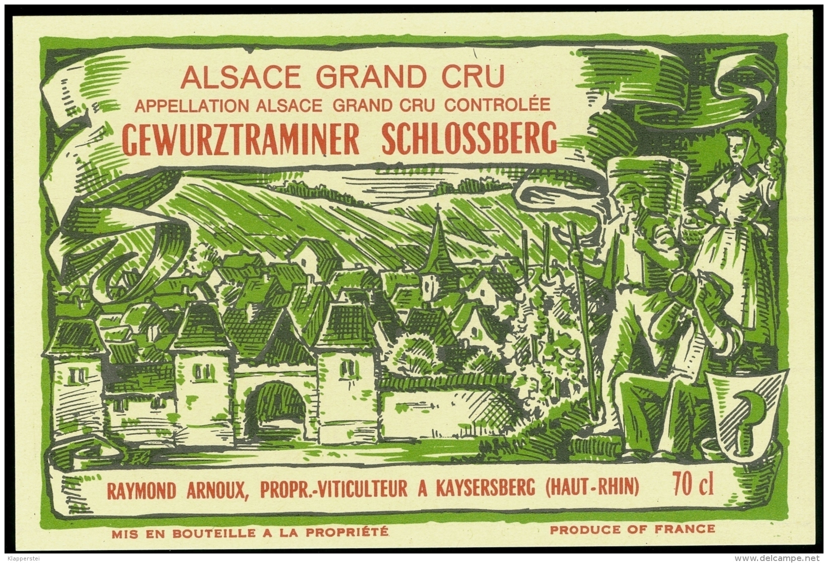 Etiquette Vin D' Alsace Grand Cru GEWURTZTRAMINER SCHLOSSBERG RAYMOND ARNOUX KAYSERSBERG Signée F.G. ,Super état - Gewurztraminer