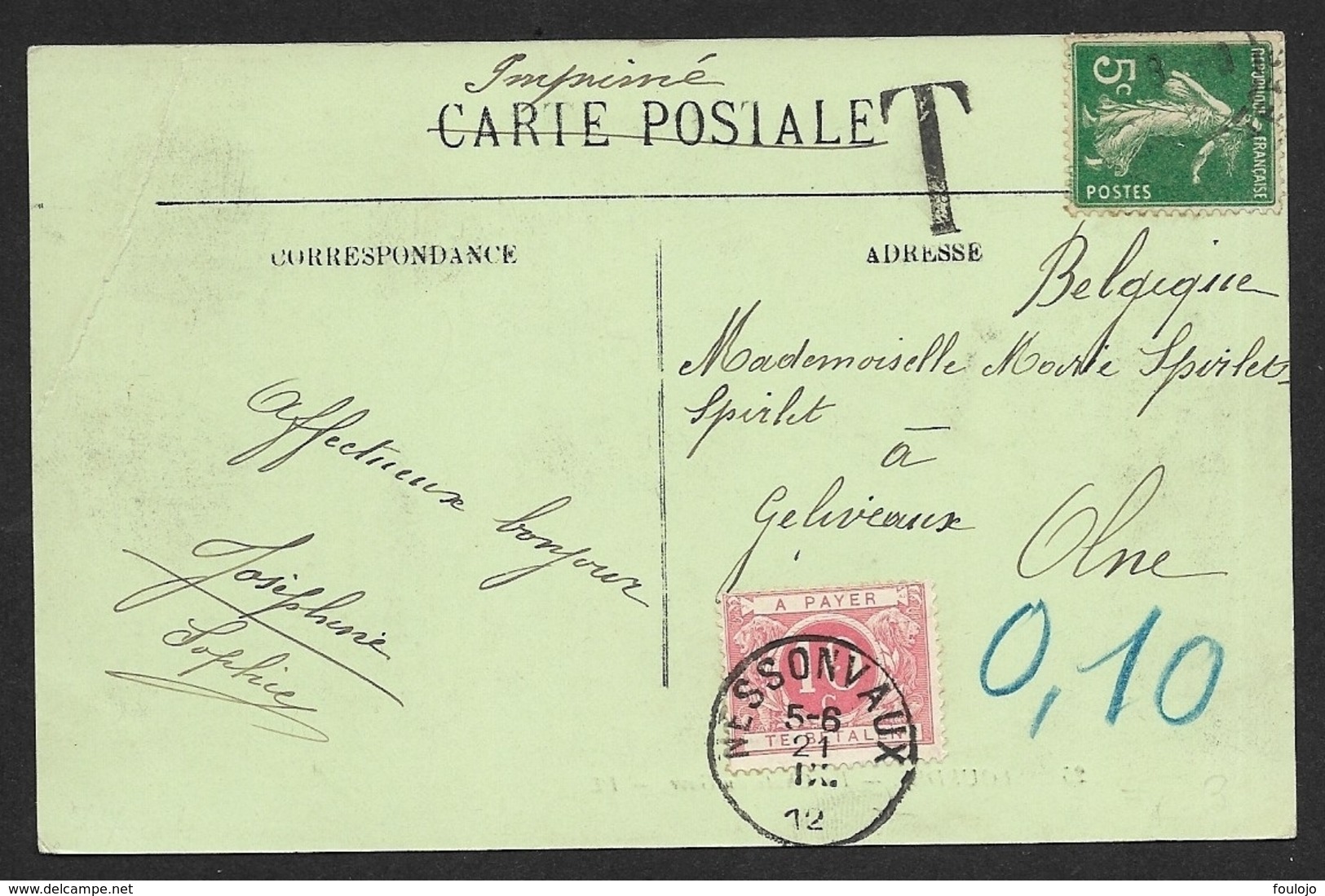 2 Cartes Postales Taxées TX27 Oblitération Oostende 4 VIII 1912 Et Nessonvaux Le 21 IX 1912 (lot 626) - Autres & Non Classés