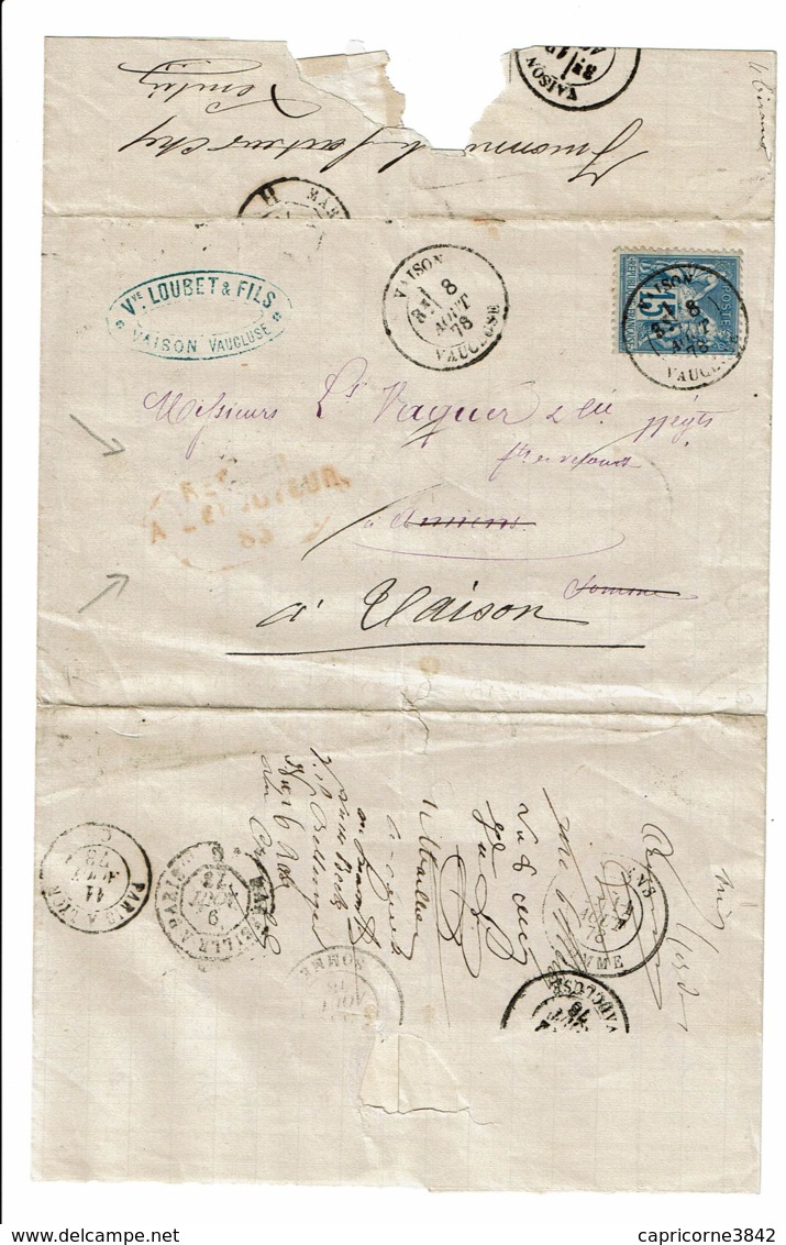 1878 - Lettre De Vaison Pour Amiens - Tp Sage 15ct Type II (n°90) - Cachet Rouge "RETOUR A L'ENVOYEUR" - VOIR VERSO - 1877-1920: Période Semi Moderne