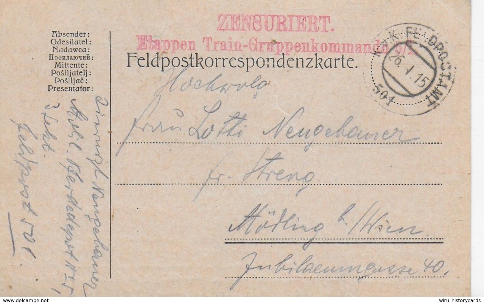 AK 0132  Feldpostkorrespondenzkarte Feldpostamt 501 Nach Mödling Am 26. I. 15 - Briefe U. Dokumente