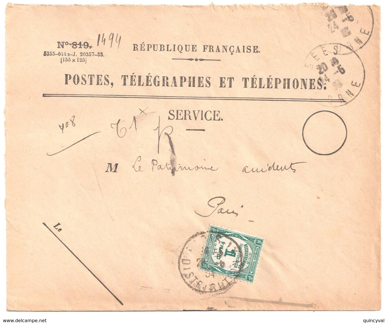 SEES Orne Ob Type 04  1934 Enveloppe Entière 819 Rayée 1494 Taxe Yv 60 - 1859-1959 Covers & Documents