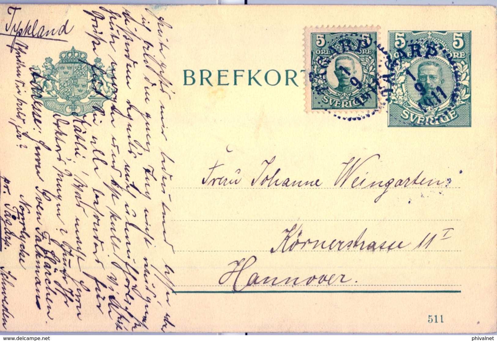 1911 , SUECIA , ENTERO POSTAL CIRCULADO , TAGARP - HANNOVER - Enteros Postales