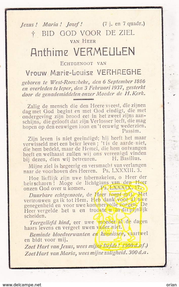 DP Anthime Vermeulen ° Westrozebeke Staden 1886 † Ieper 1937 X Marie L. Verhaeghe - Images Religieuses