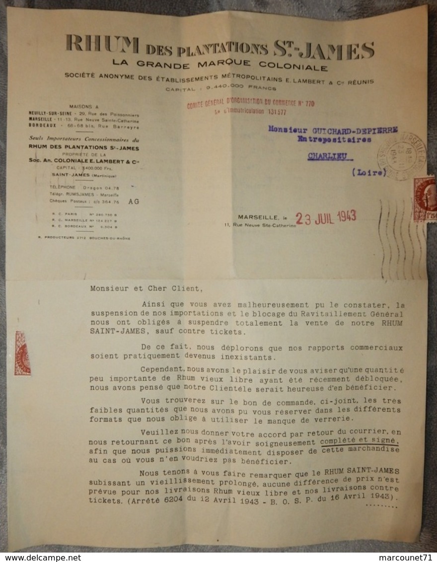 RARE COURRIER AVEC TIMBRE 1943 WW2 RHUM SAINT JAMES MARTINIQUE RESTRICTION - 1900 – 1949