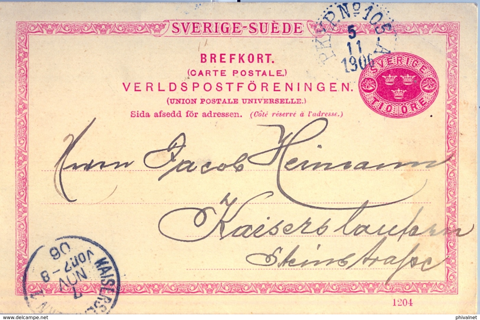 1906 , SUECIA , ENTERO POSTAL CIRCULADO , NORDKÖPING - KAISERSLAUTERN - Enteros Postales