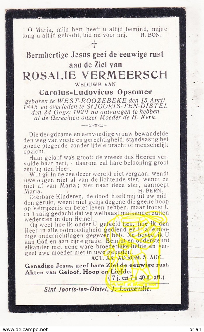 DP Rosalie Vermeersch ° Westrozebeke Staden 1845 † Sint-Joris-ten-Distel Beernem 1920 X Carolus L. Opsomer - Devotieprenten