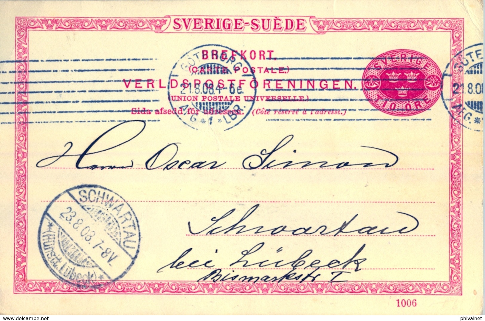 1908 , SUECIA , ENTERO POSTAL CIRCULADO , GÖTEBORG - SCHWARTAU - Enteros Postales