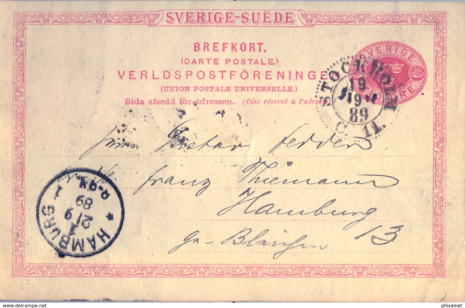 1889 , SUECIA , ENTERO POSTAL CIRCULADO , ESTOCOLMO - HAMBURGO - Enteros Postales