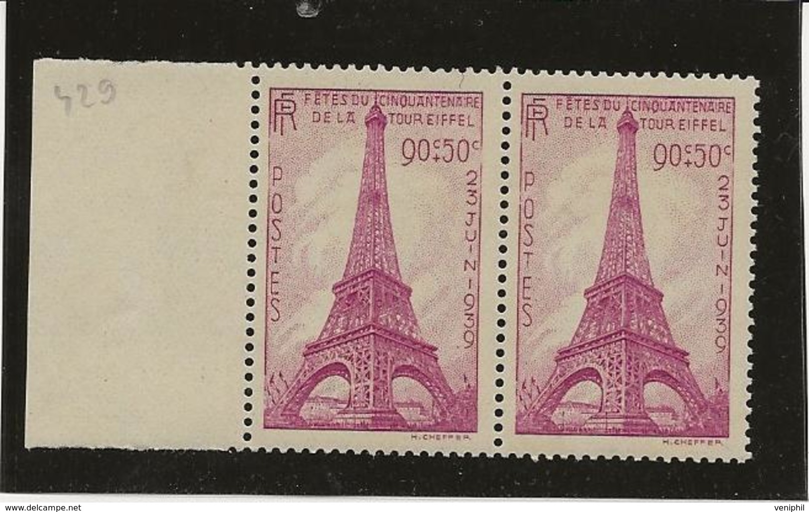 CINQUANTENAIRE DE LA TOUR EIFFEL - N° 429 PAIRE BORD DE FEUILLE TTB XX -ANNEE 1939 - COTE : 34 € - Neufs