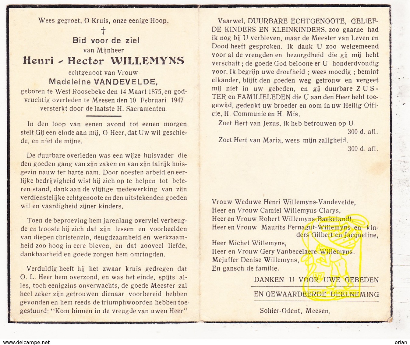 DP Henri H. Willemyns ° Westrozebeke Staden 1875 † Mesen 1947 X Madelein VandeVelde / Clarys Baekelandt Fernagut - Images Religieuses