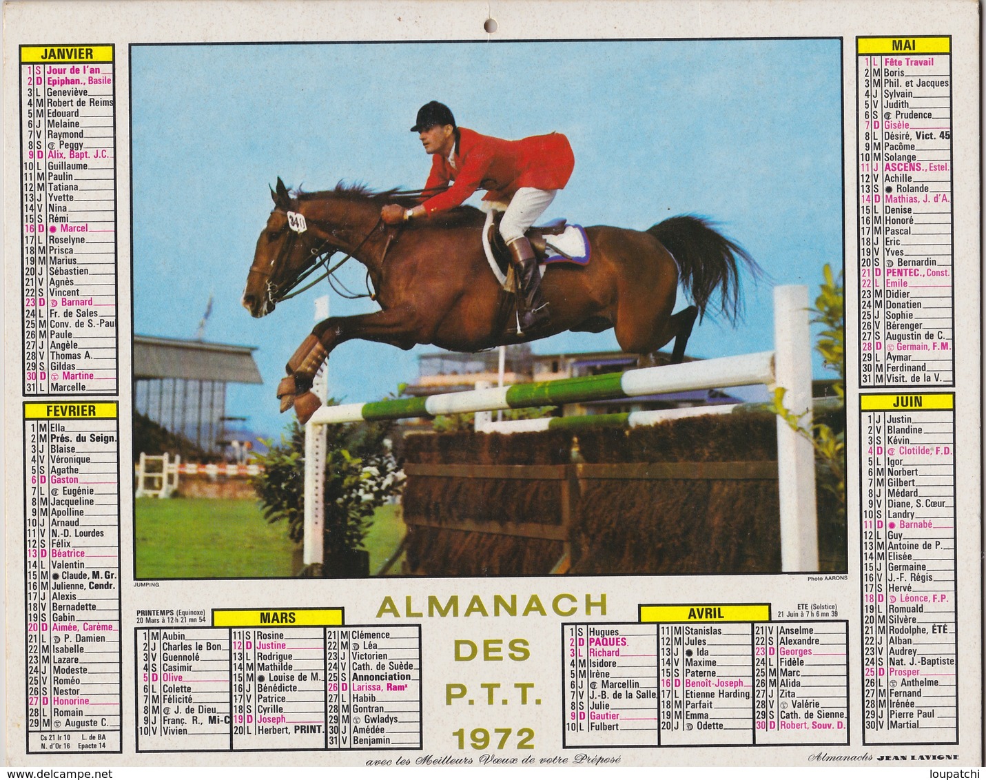 CALENDRIER ALMANACH DES PTT 1972 RUGBY FRANCE GALLES EQUITATION JUMPING - Grand Format : 1971-80