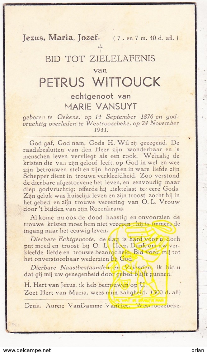 DP Petrus Wittouck ° Oekene Roeselare 1876 † Westrozebeke Staden 1941 X Marie Vansuyt - Images Religieuses