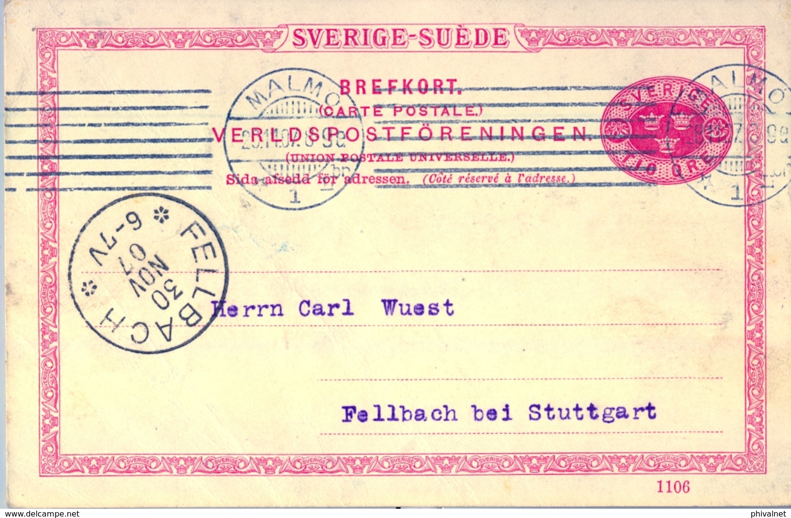 1907, SUECIA , ENTERO POSTAL CIRCULADO , MALMÖ - FELLBACH - Enteros Postales