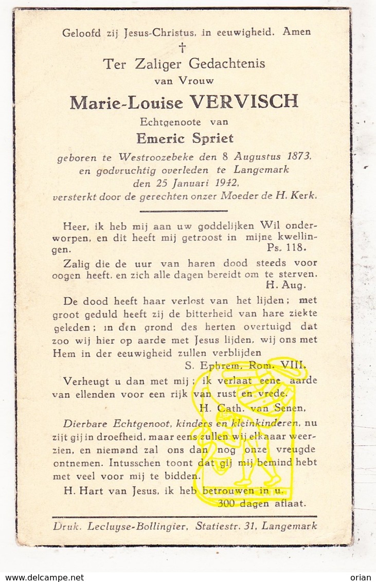 DP Marie L. Vervisch ° Westrozebeke Staden 1873 † Langemark 1942 X Emeric Spriet - Images Religieuses