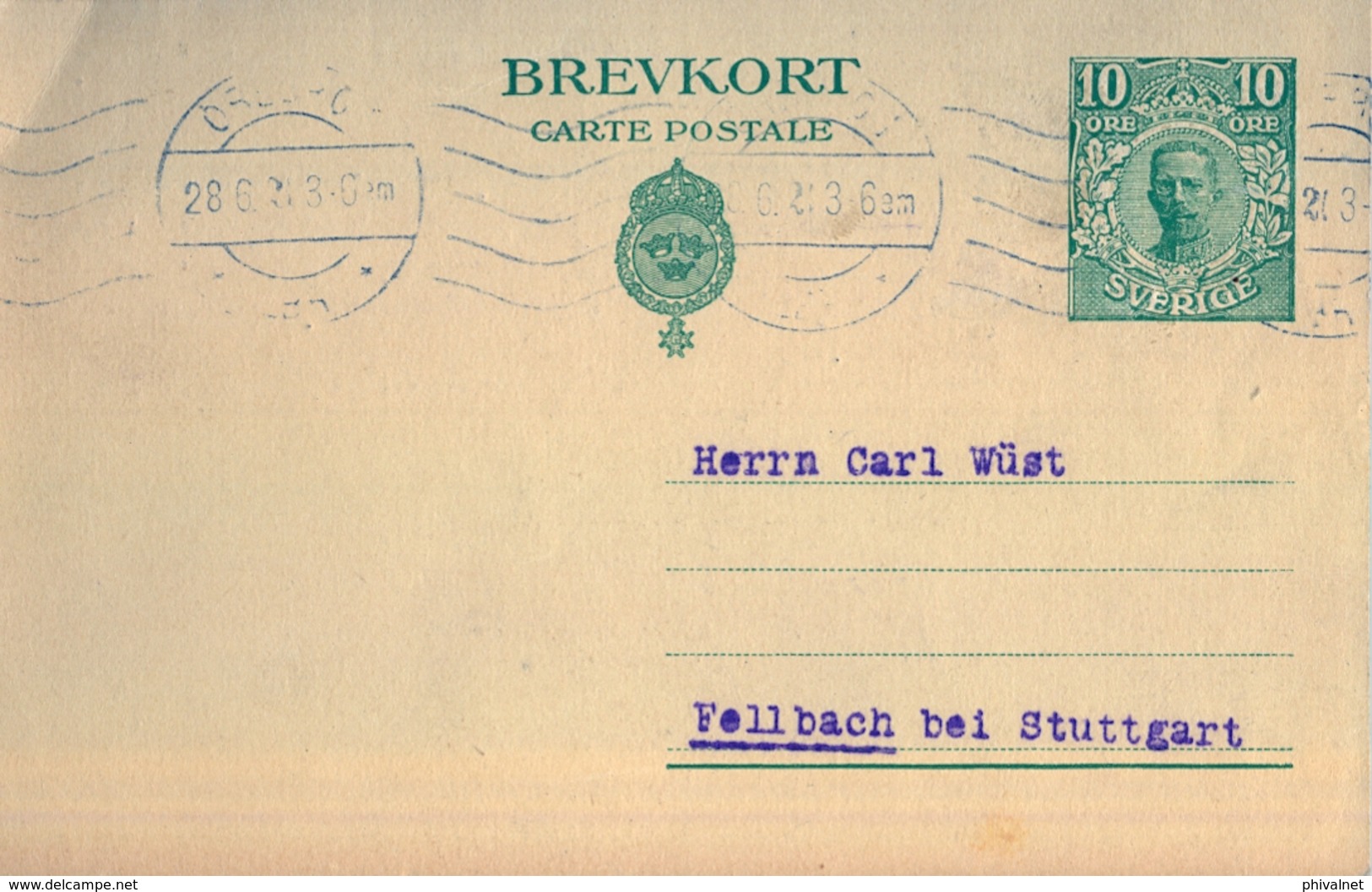 1921, SUECIA , ENTERO POSTAL CIRCULADO , ÖREBRO - FELLBACH - Enteros Postales