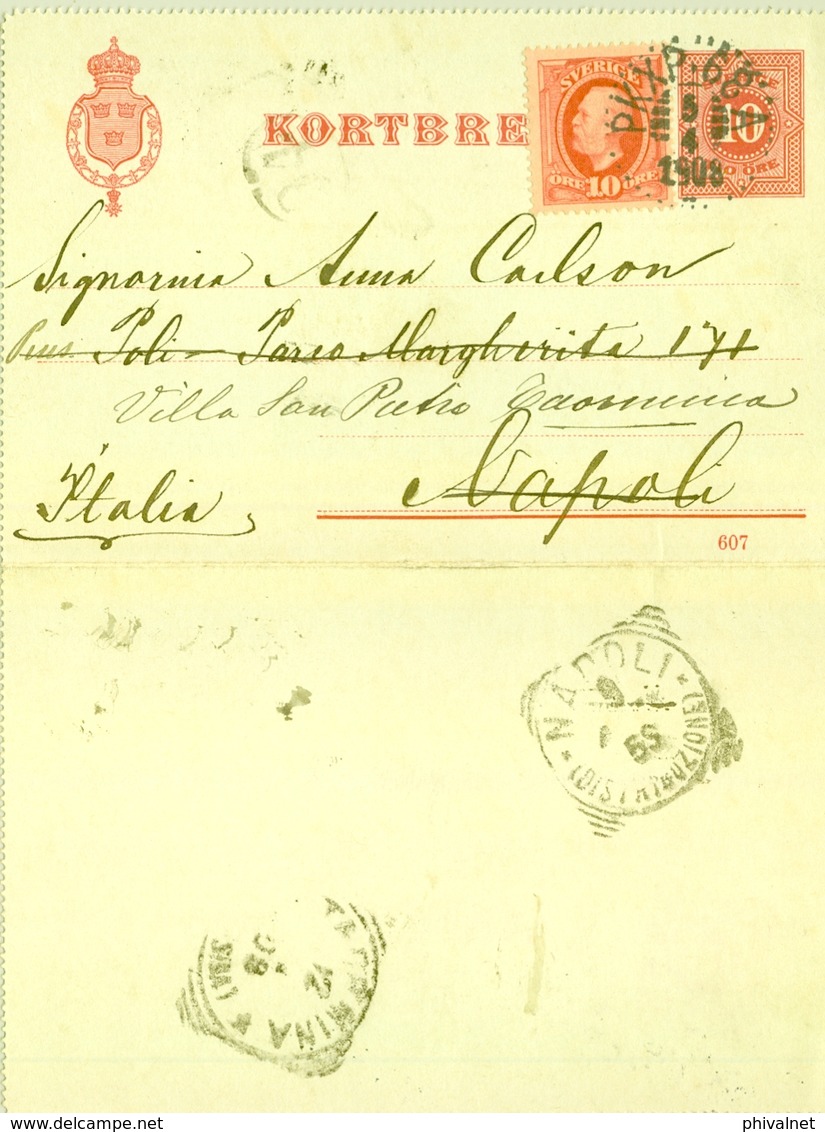 1908, SUECIA , ENTERO POSTAL CIRCULADO A NÁPOLES Y REDIRIGIDO A TAORMINA , LLEGADAS , FR. COMPLEMENTARIO - Enteros Postales