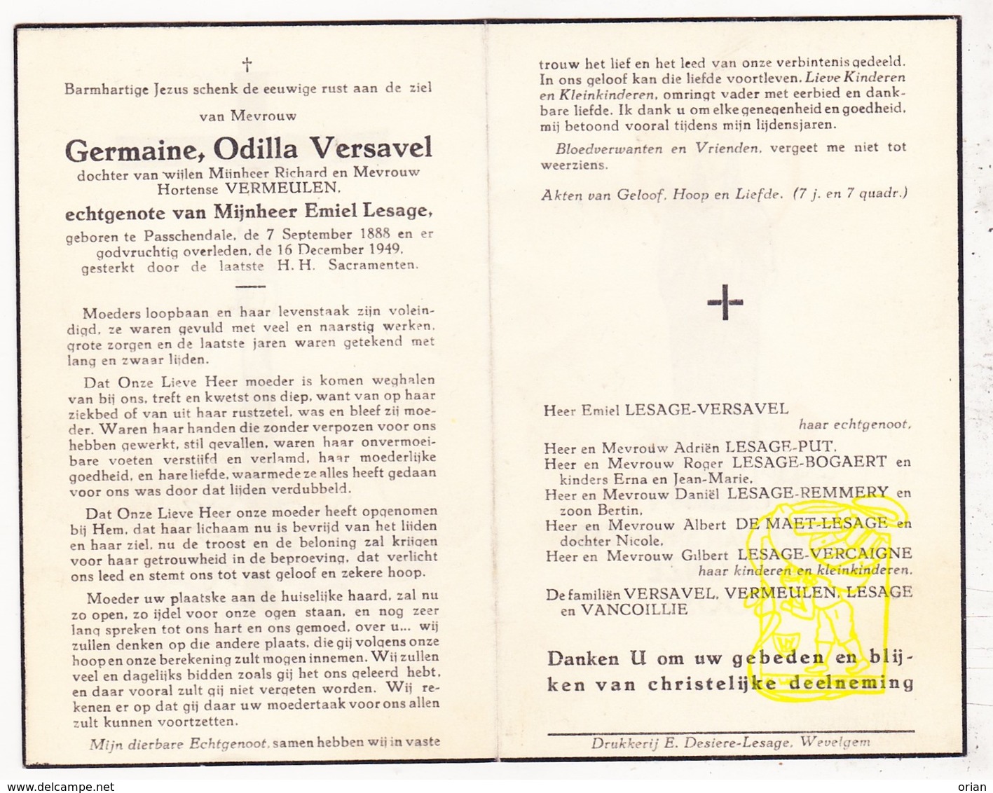 DP Germaine Versavel / Vermeulen ° Passendale 1888 † 1949 X E. Lesage / Put Bogaert Remmery De Maet VanCoillie Vercaigne - Images Religieuses