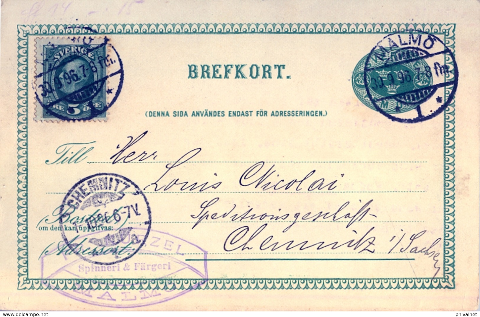 1896, SUECIA , ENTERO POSTAL CIRCULADO , MALMÖ - CHEMNITZ - Postal Stationery