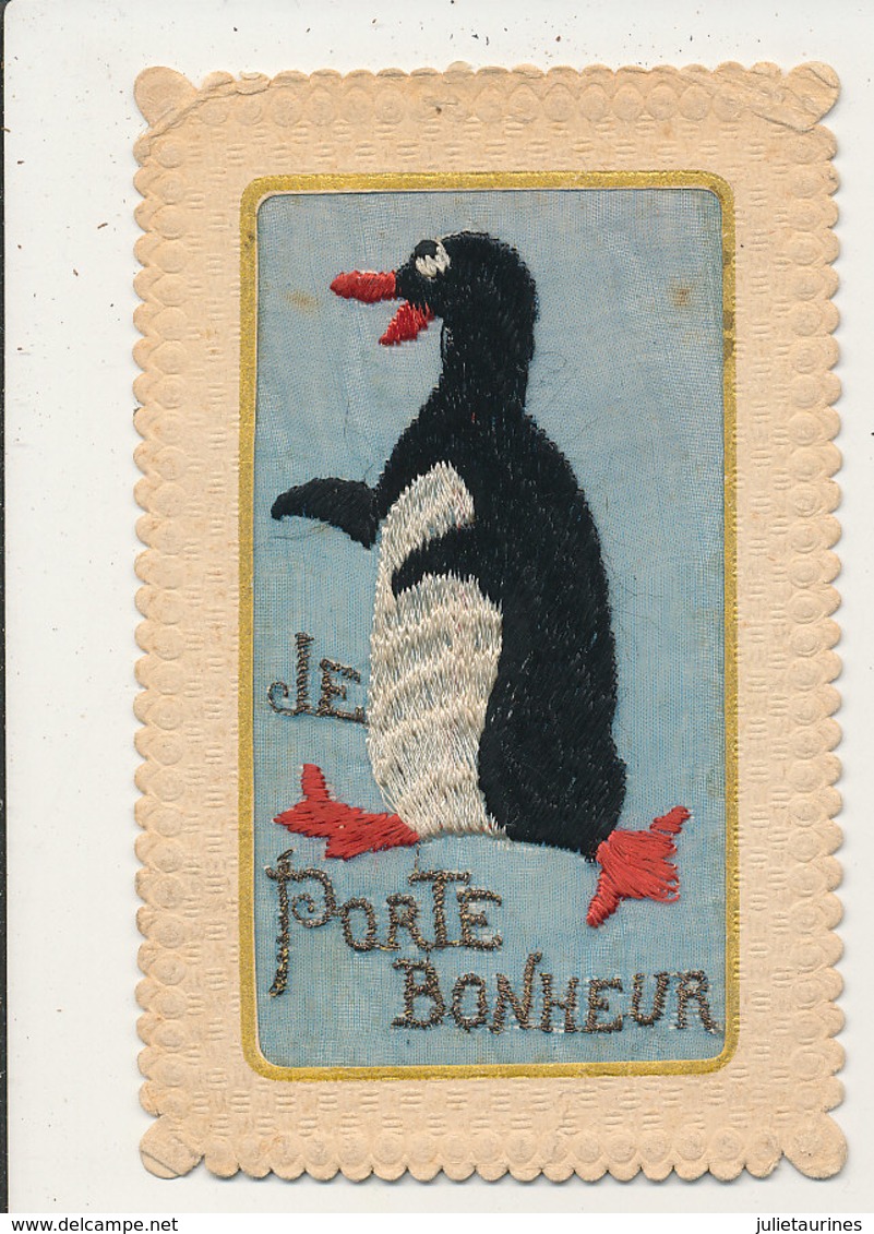 CARTE BRODEE  PINGOUIN JE PORTE BONHEUR - Brodées