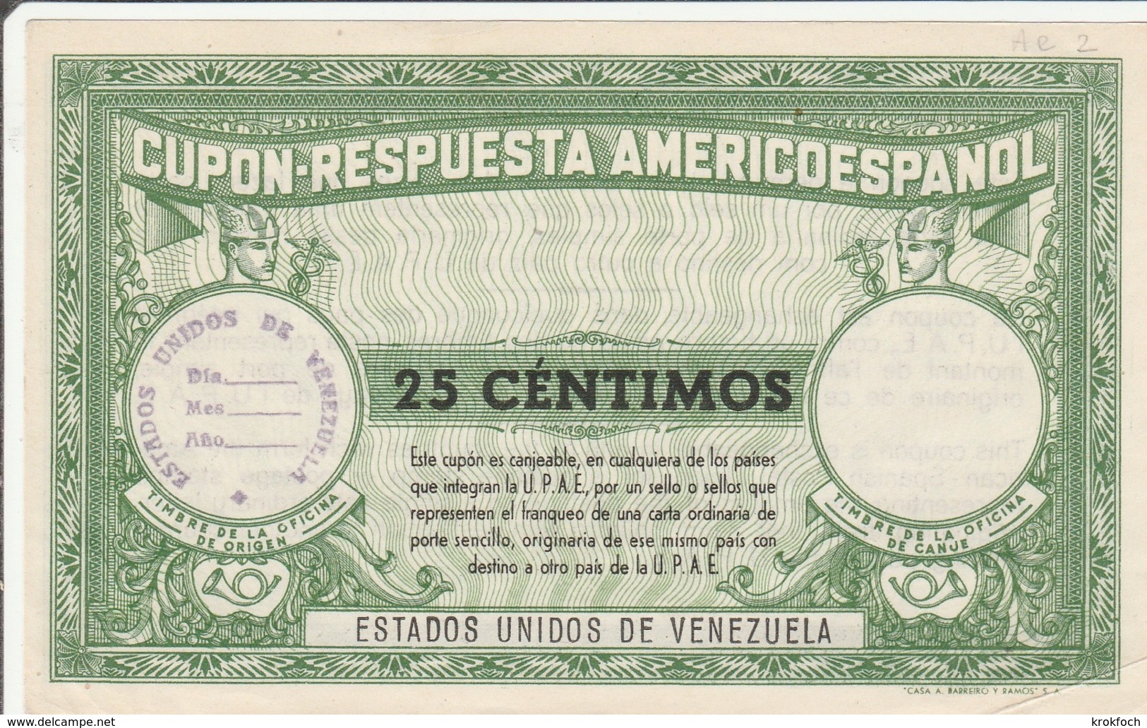 Cupon Respuesta Americoespanol 25 Centimos Venezuela - Coupon-réponse CRI IRC IAS - Venezuela