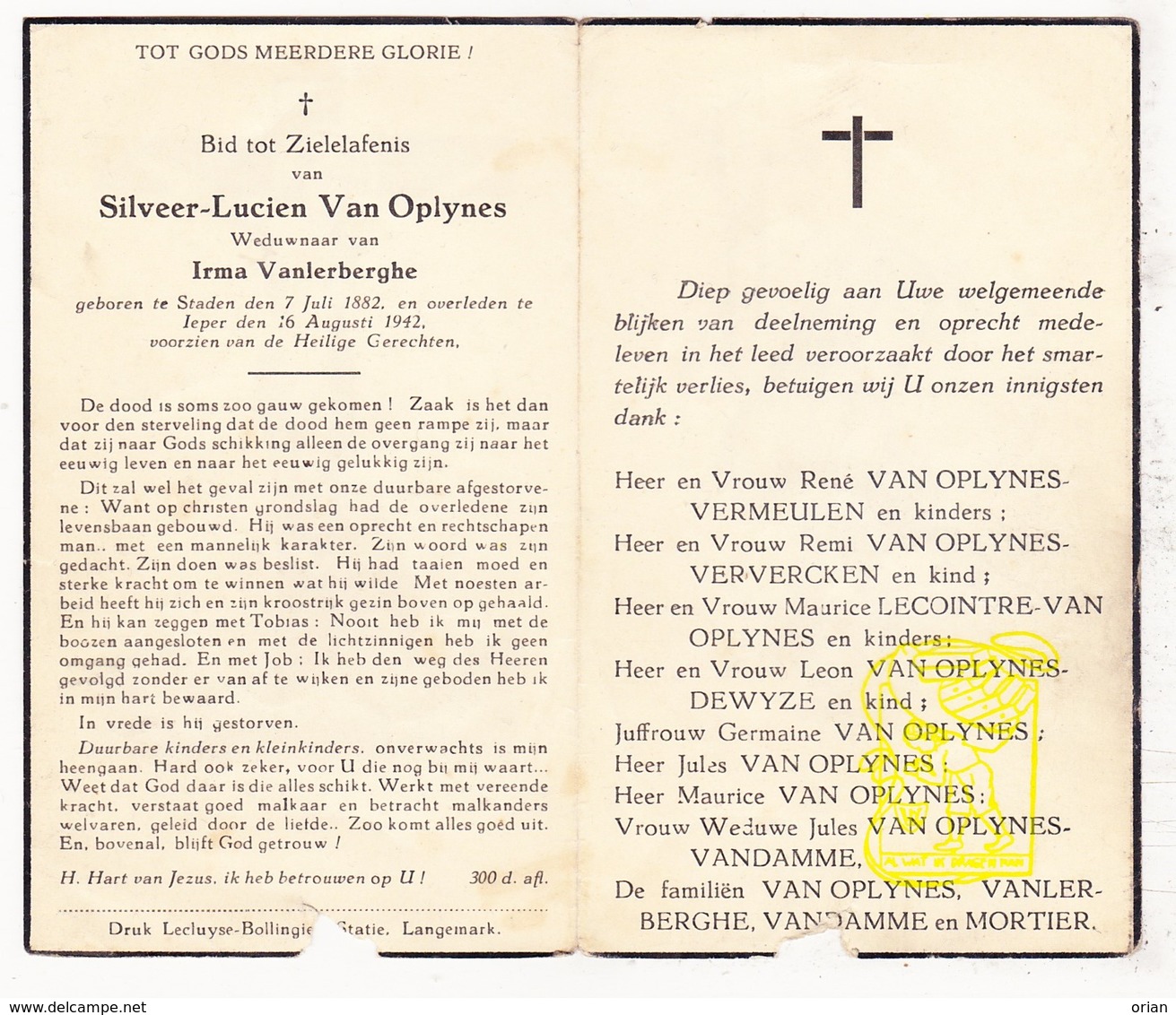 DP Silveer L. Van Oplynes ° Staden 1882 † Ieper 1942 X I. VanLerberghe / Vermeulen Ververcken VanDamme Mortier DeWyze - Images Religieuses