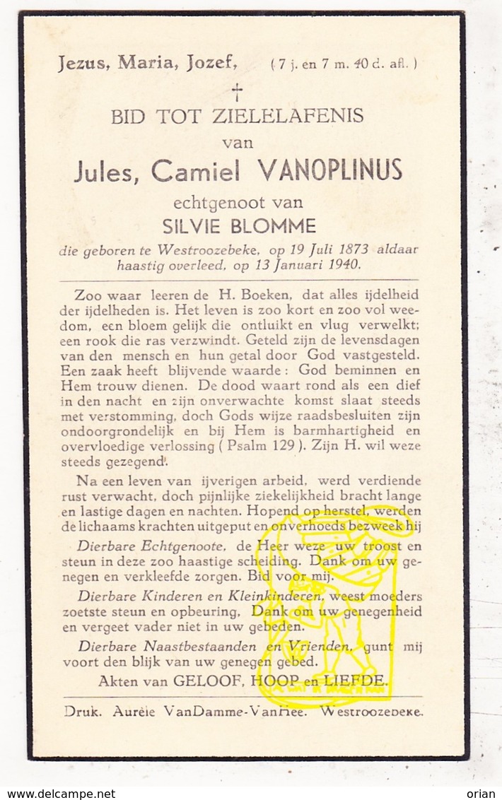 DP Jules C. VanOplinus ° Westrozebeke Staden 1873 † 1940 X Silvie Blomme - Images Religieuses