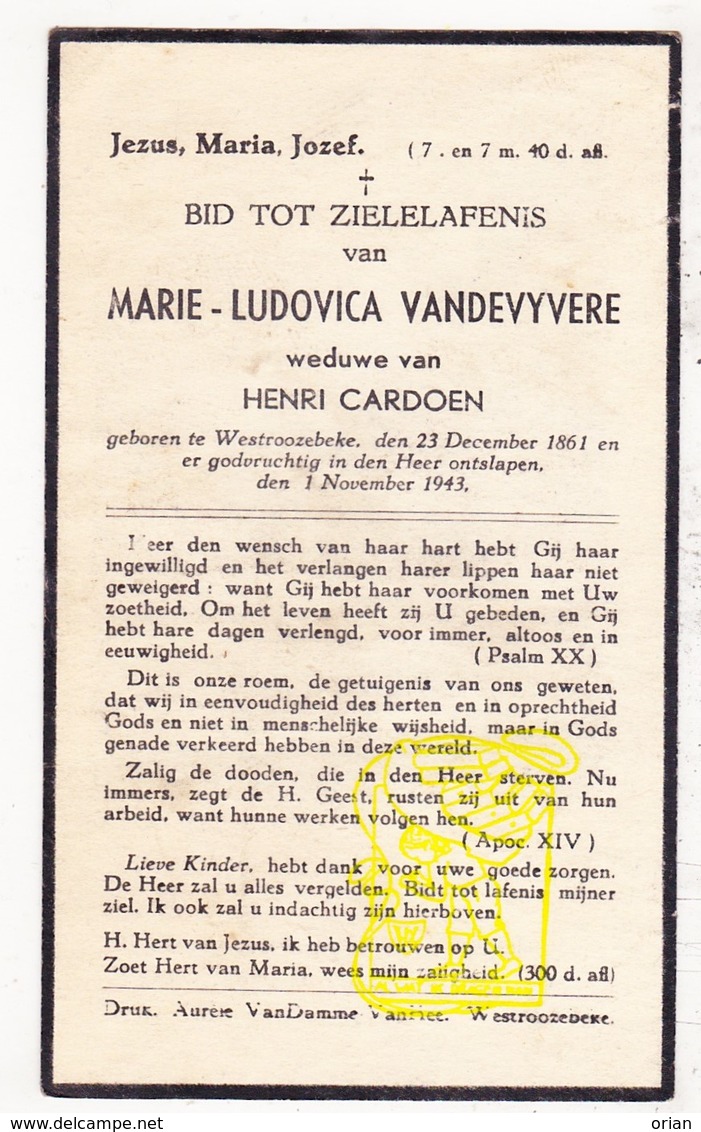 DP Marie L. VandeVyvere ° Westrozebeke Staden 1861 † 1943 X H. Cardoen - Images Religieuses