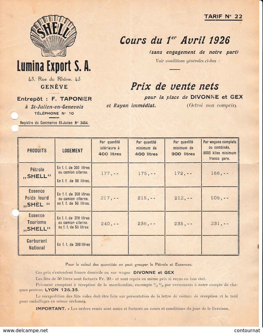 SUISSE GENEVE TARIF 1926 Produits SHELL Pétrole Essence LUMINA EXPORT Taponier St Julien En Genevois Gex  X3 ( Coquille - Suisse