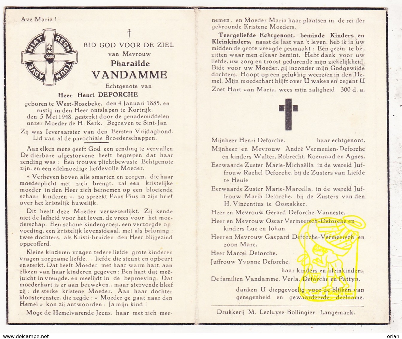 DP Pharaïlde VanDamme ° Westrozebeke Staden 1885 † Kortrijk 1948 X Deforche / Vermeulen Verla Pattyn VanNeste Vermeersch - Devotieprenten