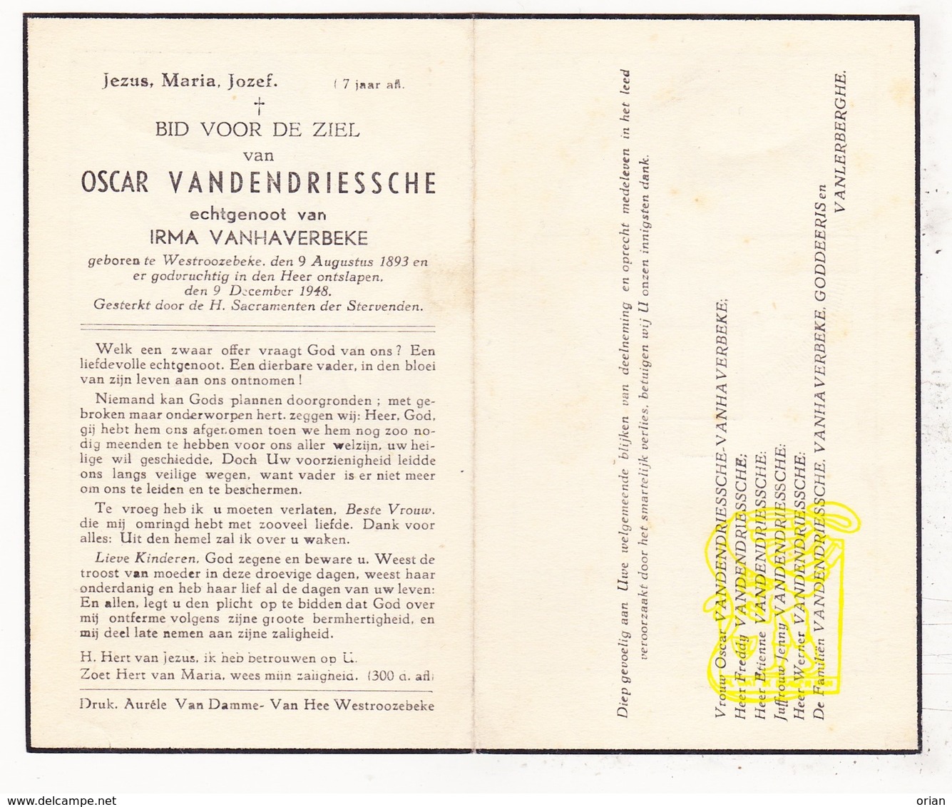 DP Oscar VandenDriessche ° Westrozebeke Staden 1893 † 1948 X I. VanHaverbeke / Goddeeris VanLerberghe - Images Religieuses