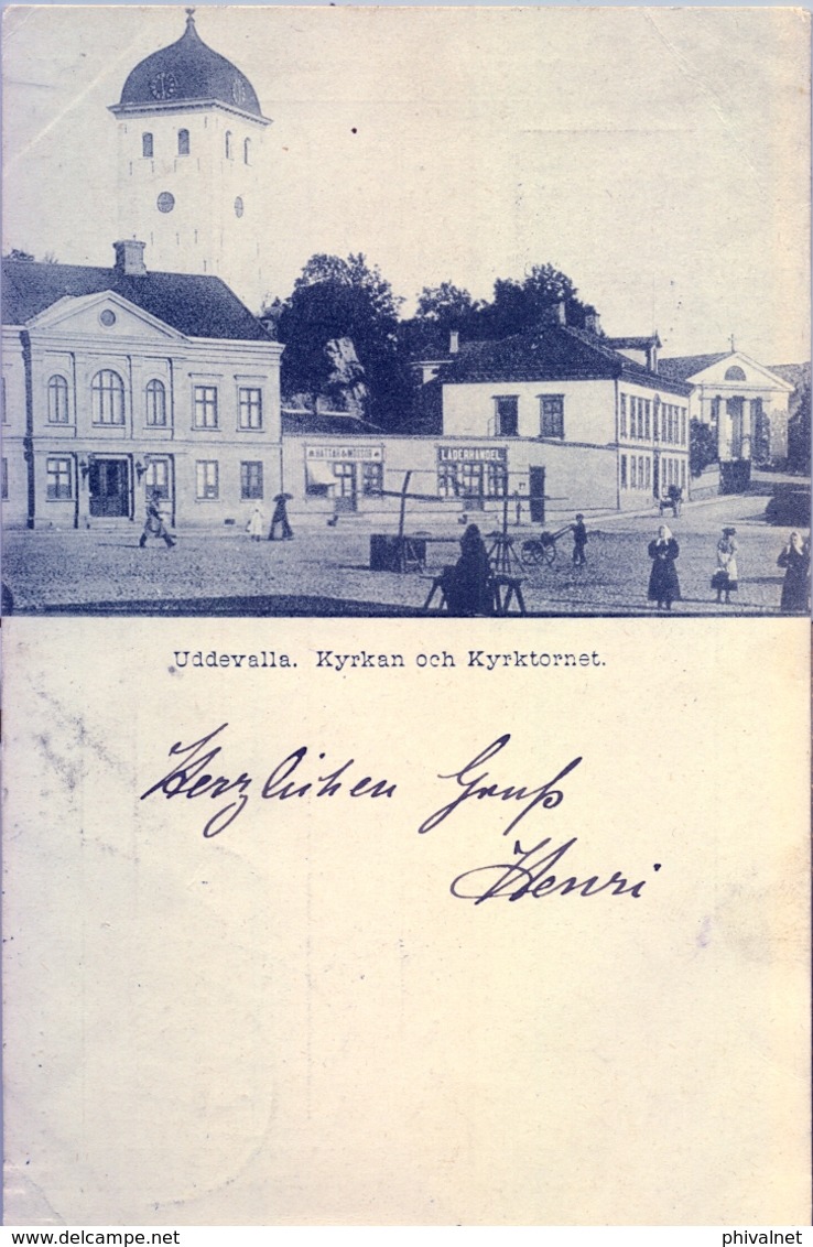 1900, SUECIA , TARJETA POSTAL CIRCULADA A KASTEL , LLEGADA - UDDEVALLA. KYRKAN OCH KYRKTORNET - Cartas & Documentos