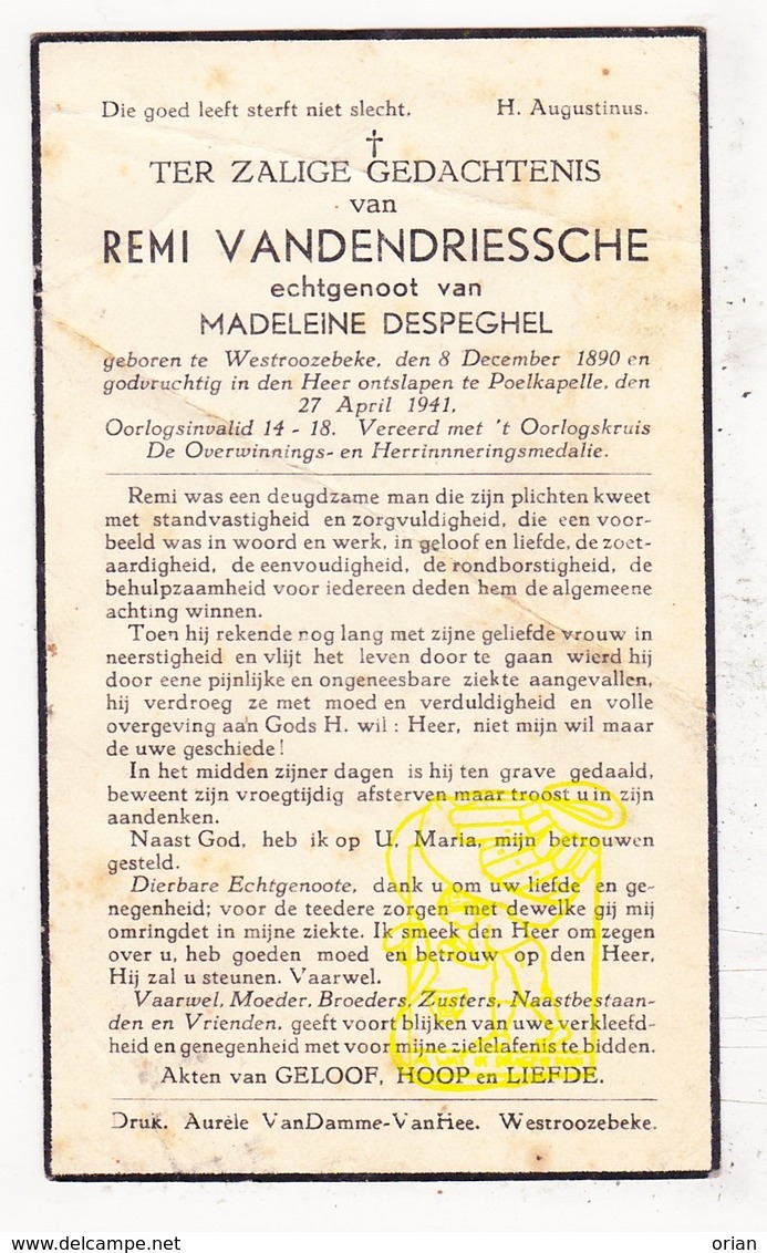 DP Remi VandenDriessche ° Westrozebeke Staden 1890 † Poelkapelle 1941 X Madeleine DeSpeghel - Devotieprenten