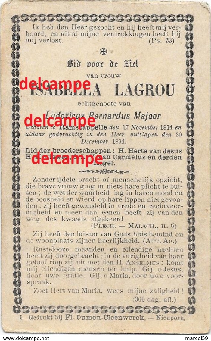 DOODSPRENTJE Isabella Lagrou Ramskapelle 1814 En Overleden Aldaar 1894 Majoor Ludo Nieuwpoort - Devotieprenten