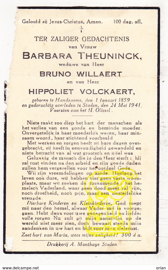 DP Barbara Theuninck ° Handzame Kortemark 1859 † Staden 1941 X B. Willaert Xx H. Volckaert - Images Religieuses