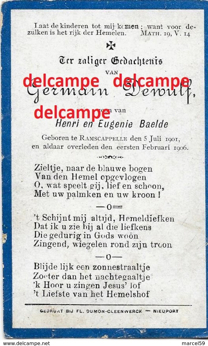 DOODSPRENTJE Germain Dewulf Ramskapelle 1901 En Aldaar Overleden 1906 Baelde - Images Religieuses