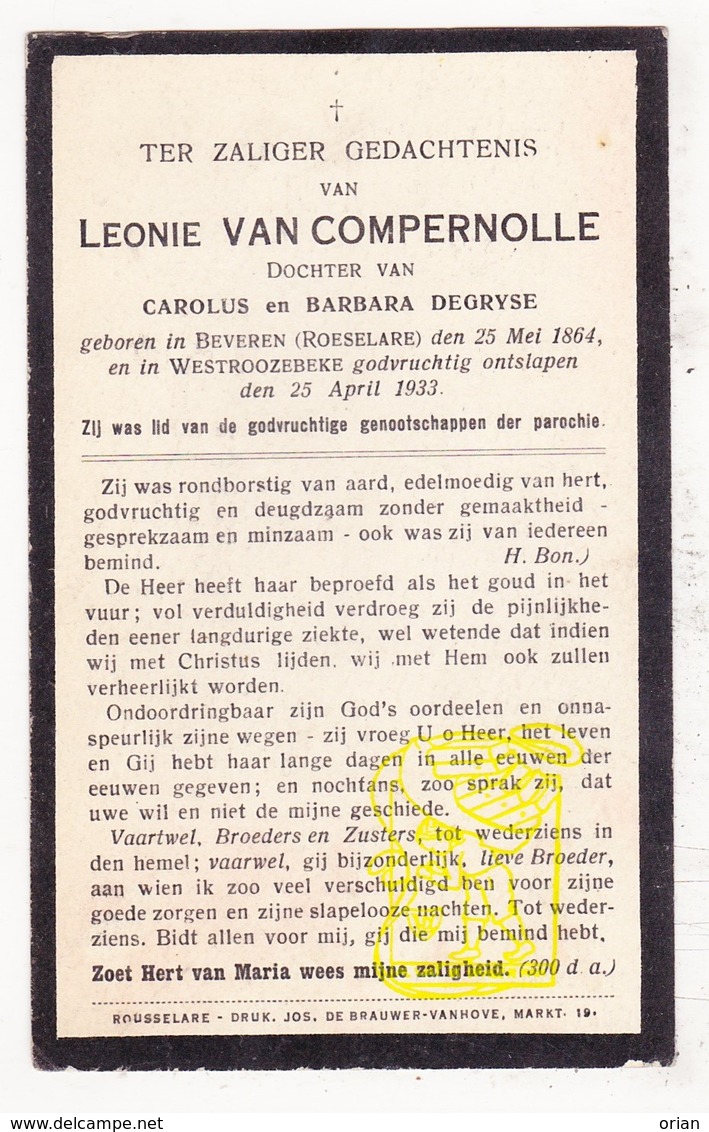 DP Leonie Van Compernolle / DeGryse ° Beveren Roeselare 1864 † Westrozebeke Staden 1933 - Images Religieuses