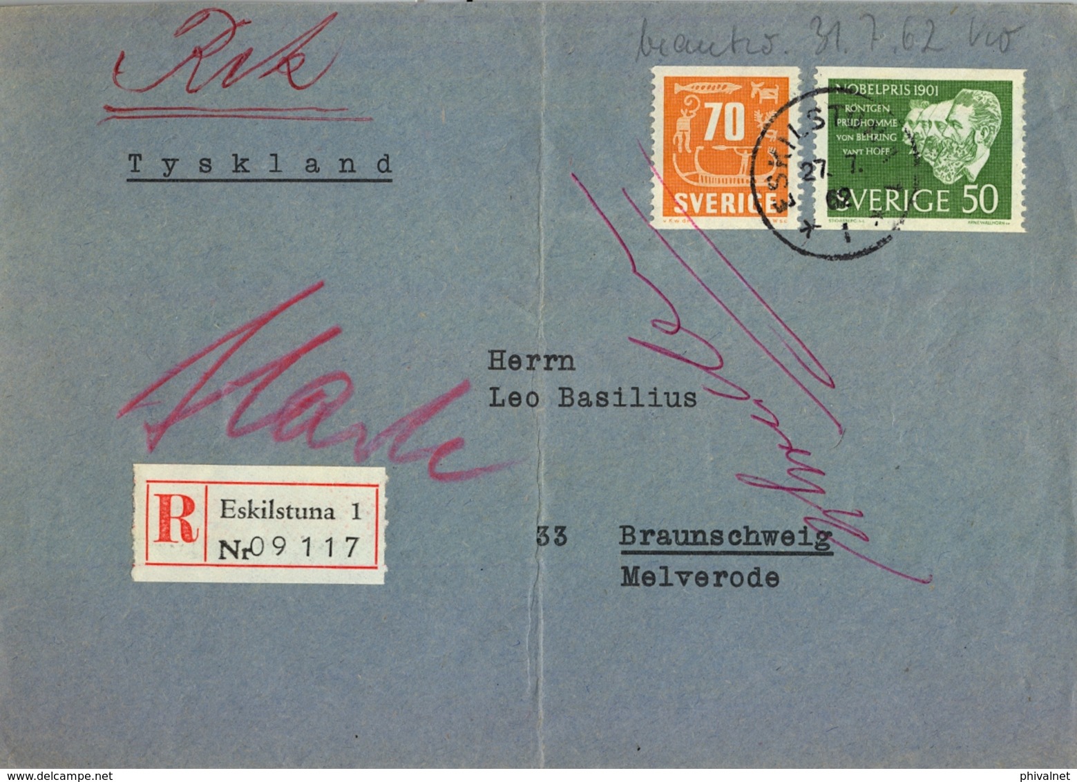 1962, SUECIA , SOBRE CERTIFICADO , ESKILSTUNA - BRAUNSCHWEIG - Cartas & Documentos