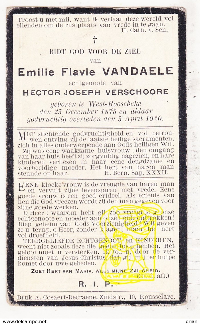 DP Emilie F. VanDaele ° Westrozebeke Staden 1875 † 1920 X Hector J. Verschoore - Images Religieuses