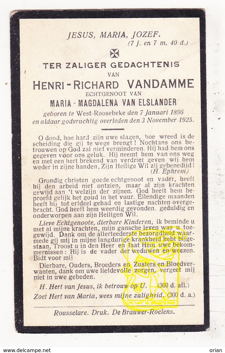 DP Henri R. VanDamme ° Westrozebeke Staden 1896 † 1925 X Maria M. Van Elslander - Images Religieuses