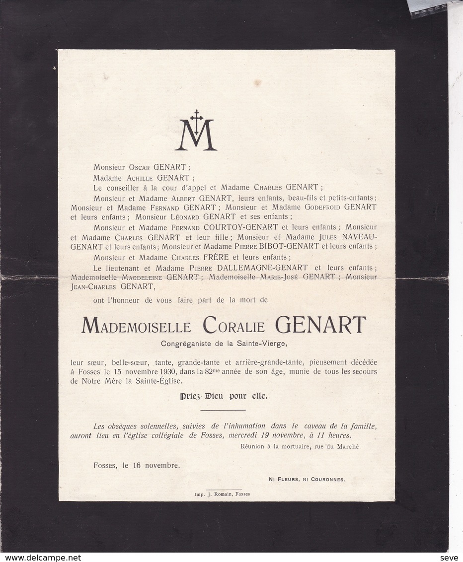 FOSSES Coralie GENART 82 Ans 1930 Familles COURTOY DALLEMAGNE BIDOT - Décès